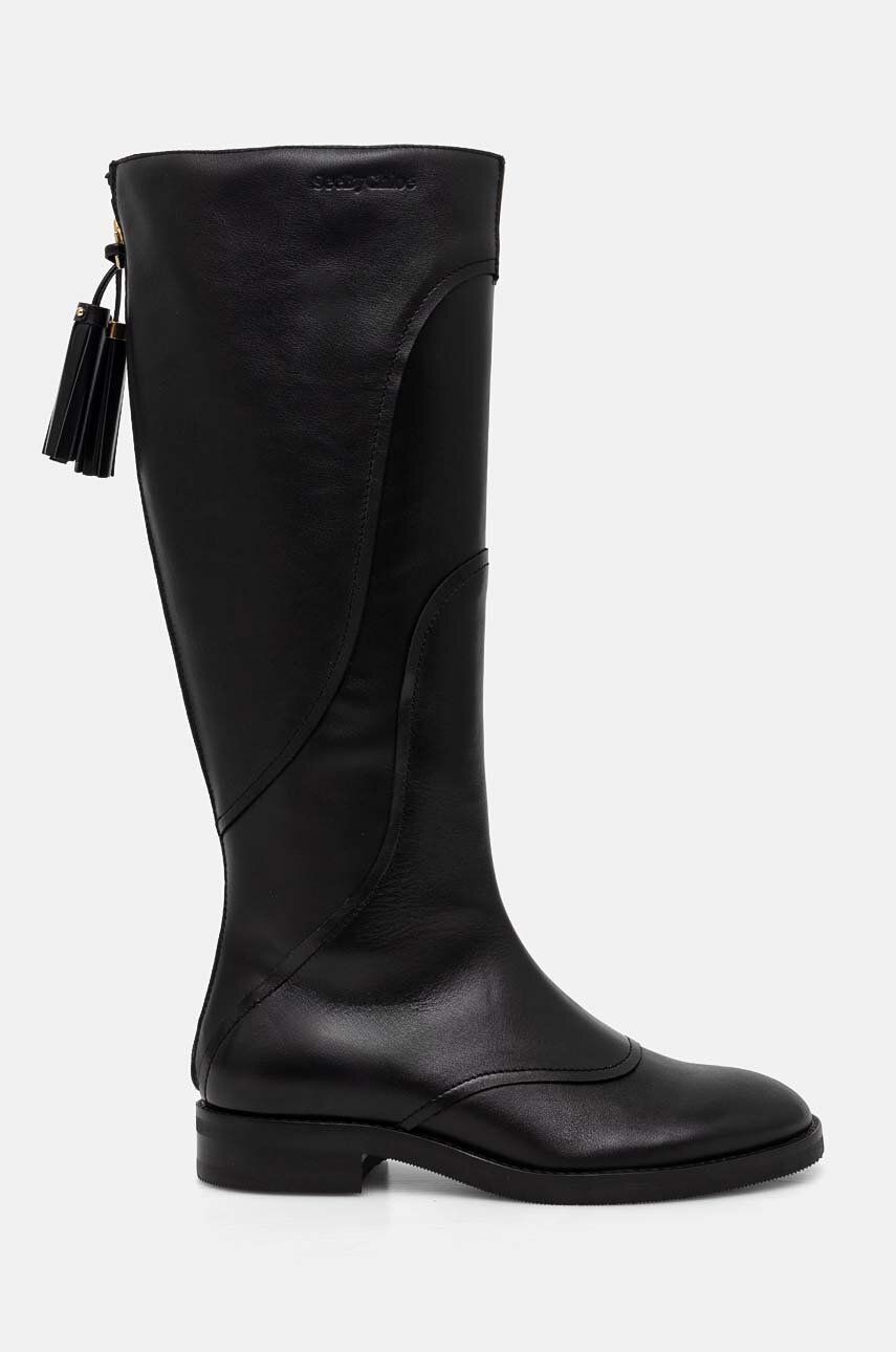 See by Chloé ghete de piele Tassel Patchwork femei, culoarea negru, cu toc plat, SB43012A