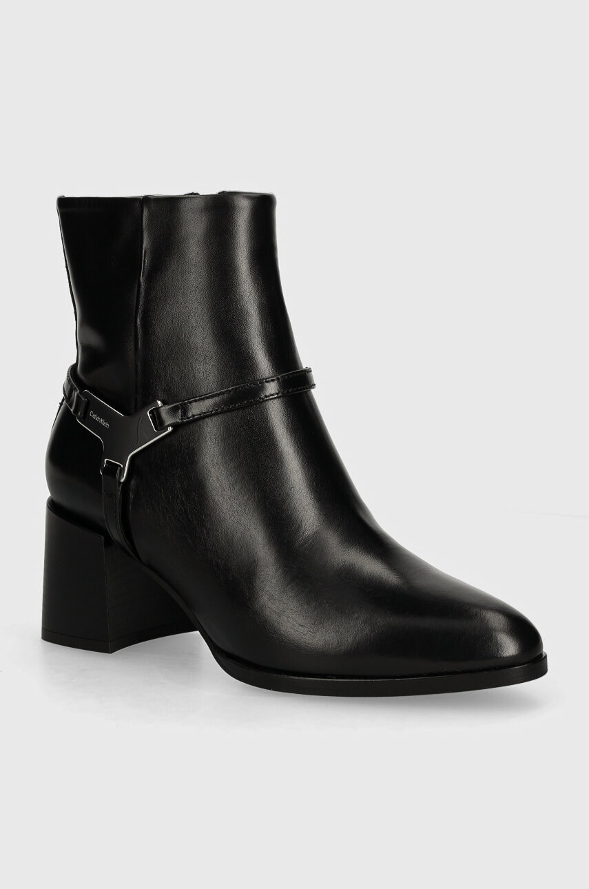 Levně Kožené kotníkové boty Calvin Klein ANKLE BOOT 55 W/HW LTH dámské, černá barva, na podpatku, HW0HW02095