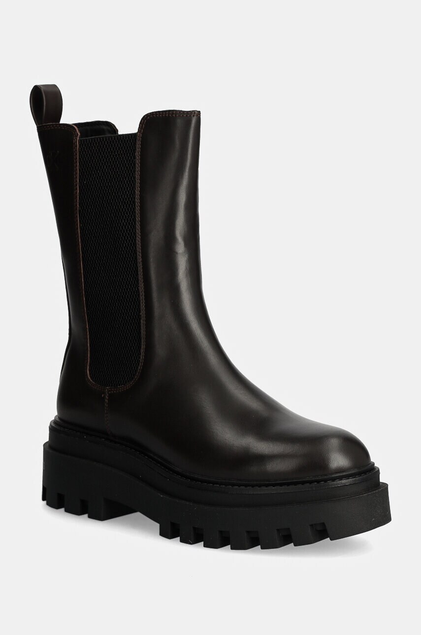 Levně Kožené kotníkové boty Calvin Klein Jeans FLATFORM CHELSEA BOOT MG LTH dámské, hnědá barva, na platformě, YW0YW01542