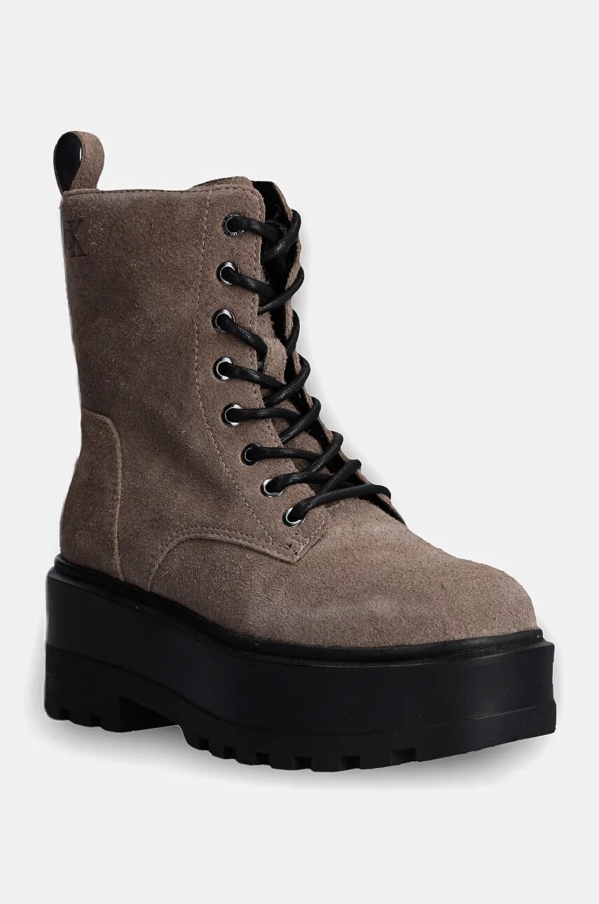 Levně Semišové workery Calvin Klein Jeans FLATFORM ZIP LACEUP MG S dámské, hnědá barva, na platformě, YW0YW01554