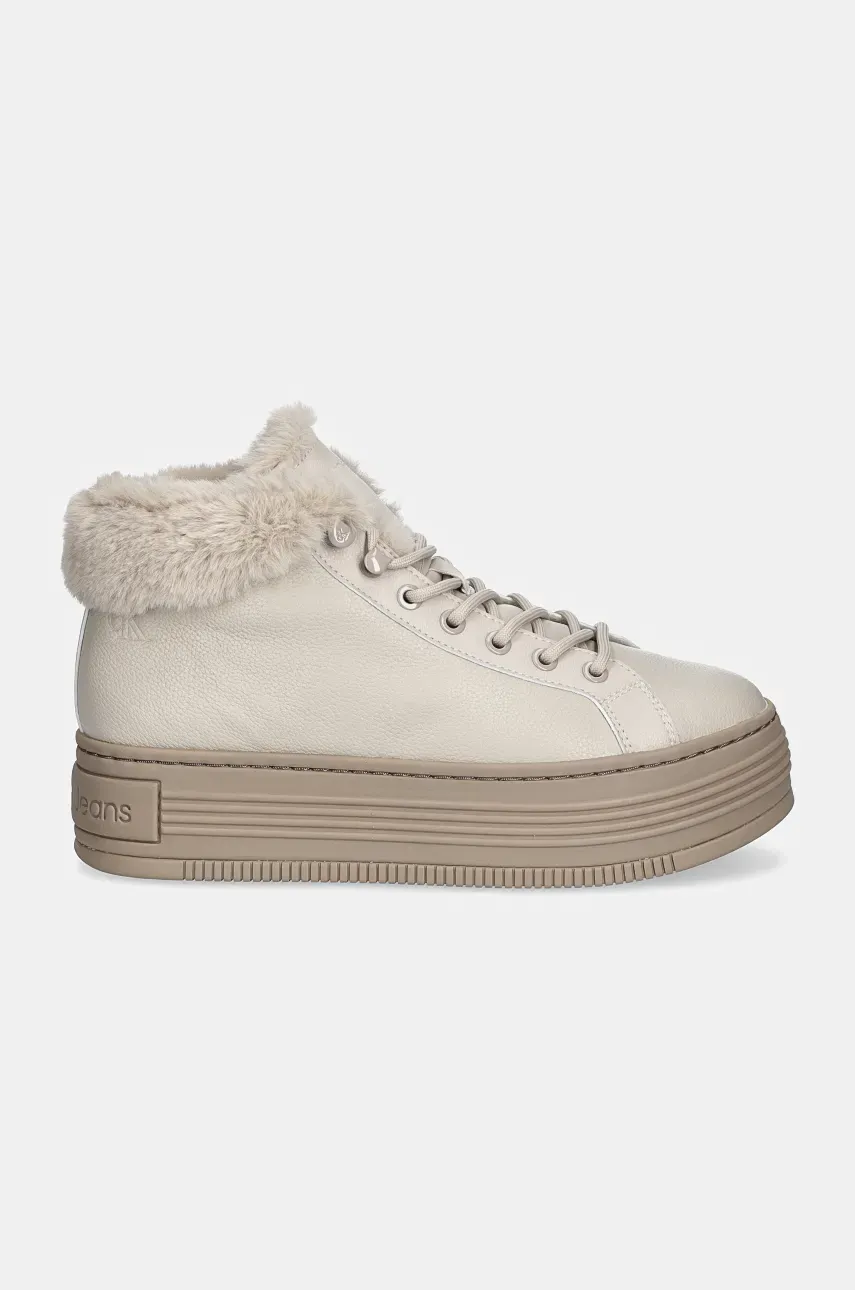 Кожаные ботинки Calvin Klein Jeans BOLD PLATF LOW LACEUP MG LTH женские цвет бежевый на платформе с утеплением YW0YW01590 Кожаные ботинки Calvin Klein Jeans BOLD PLATF LOW LACEUP MG LTH женские цвет бежевый на платформе с утеплением YW0YW01590