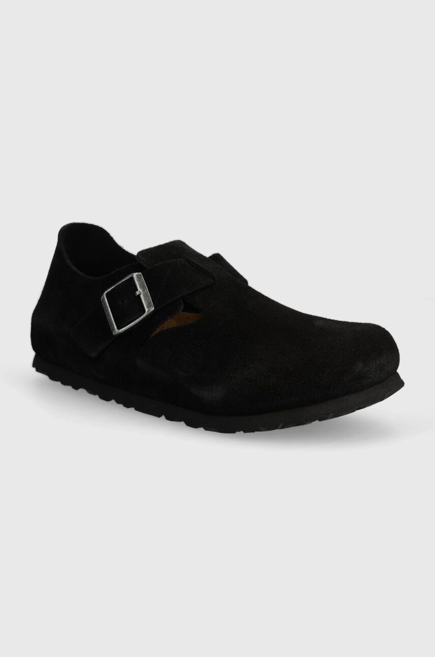 Birkenstock pantofi de piele intoarsa London femei, culoarea negru, cu toc plat, 1028078