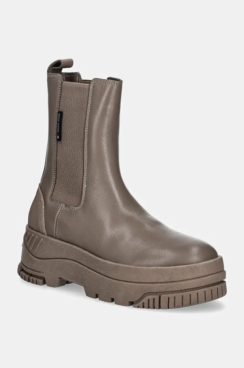 Tommy Jeans ghete chelsea de piele TJW CHELSEA FLATFORM BOOT femei, culoarea maro, cu platforma, EN0EN02597