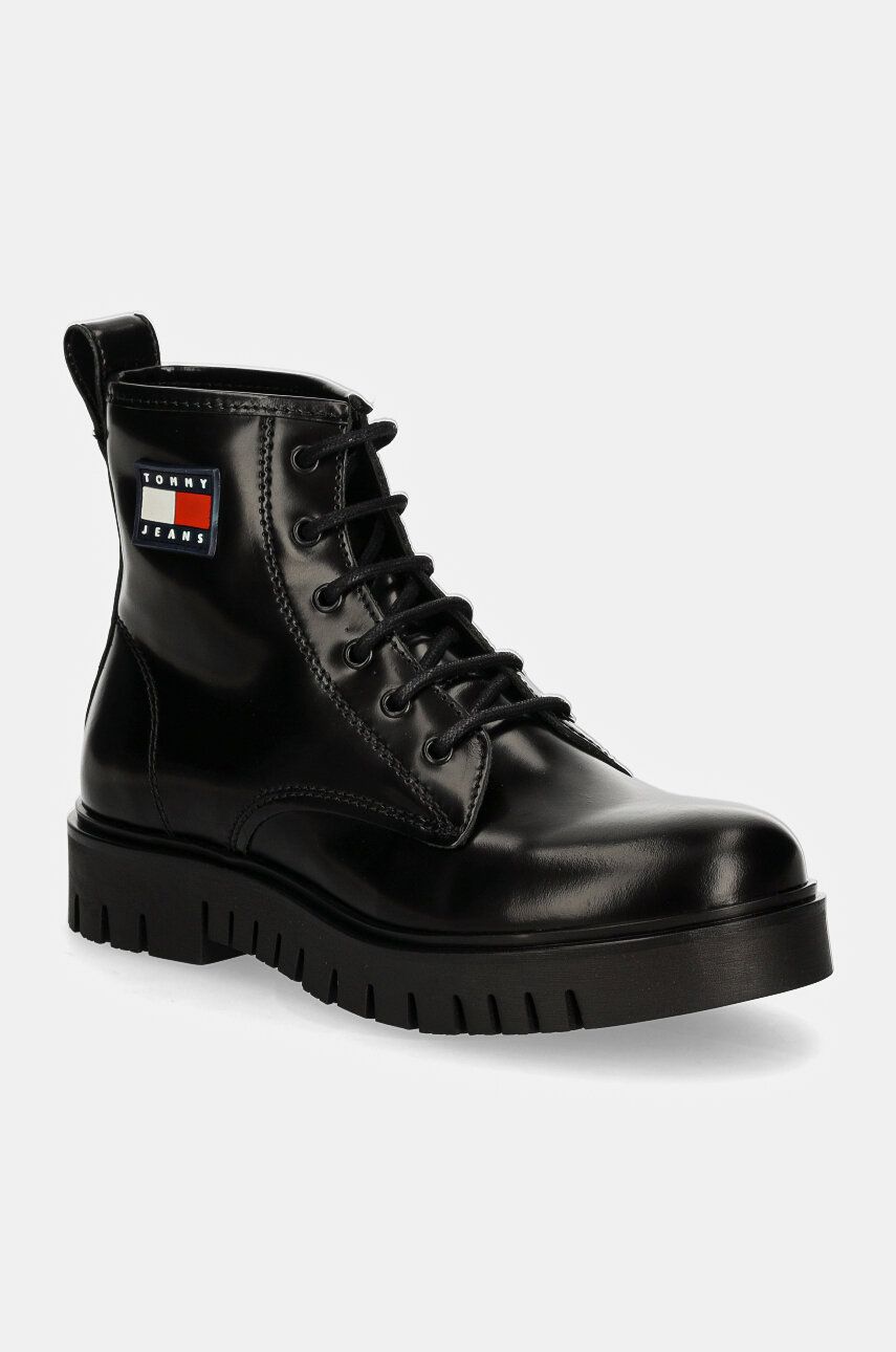 Tommy Jeans bocanci de piele TJW LACE UP BOOT femei, culoarea negru, cu platforma, EN0EN02624