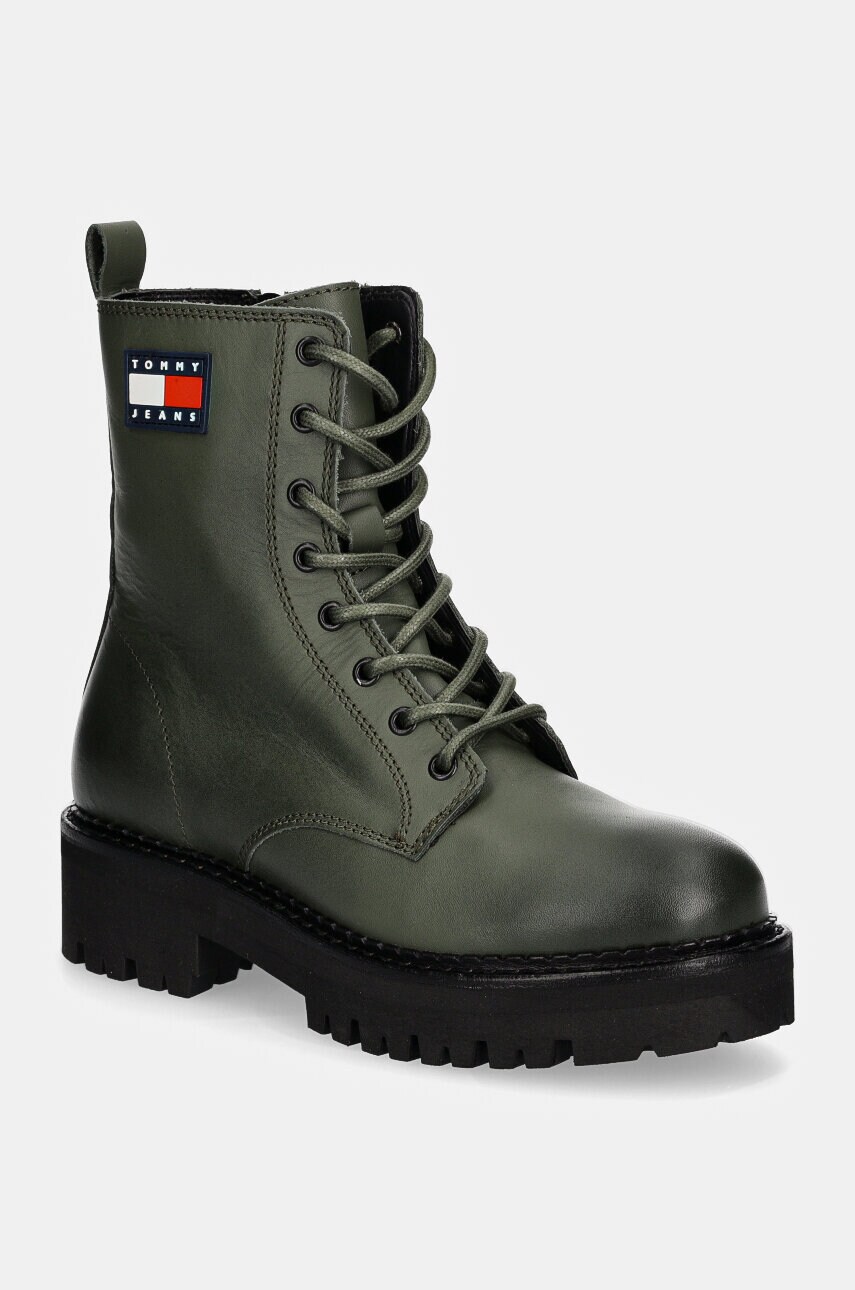Tommy Jeans bocanci de piele TJW URBAN LACE UP BOOT femei, culoarea verde, cu toc plat, EN0EN02628