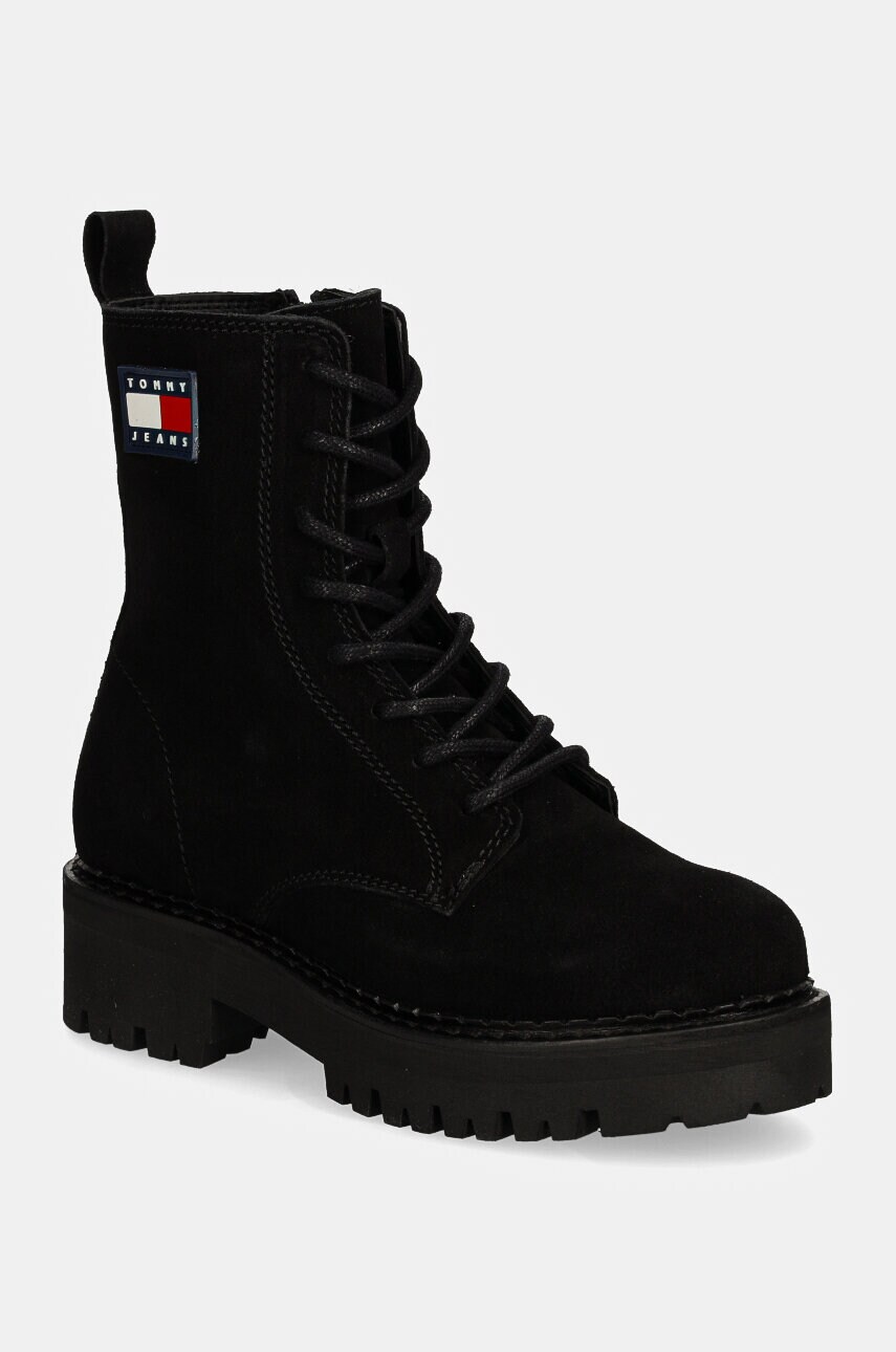 Tommy Jeans botine TJW URBAN LACE UP SUEDE femei, culoarea negru, cu toc plat, EN0EN02630