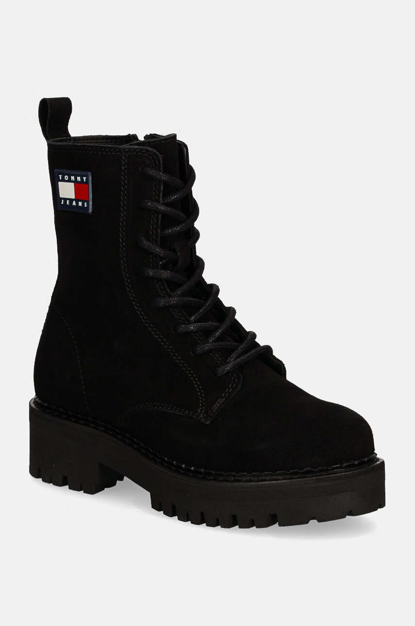 Tommy Jeans botine TJW URBAN LACE UP SUEDE femei, culoarea negru, cu toc plat, EN0EN02630