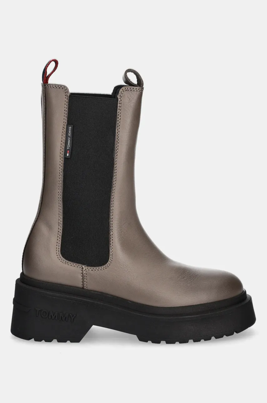 Кожаные полусапоги Tommy Jeans TJW CHUNKY CHELSEA женские цвет серый на платформе EN0EN02635 Кожаные полусапоги Tommy Jeans TJW CHUNKY CHELSEA женские цвет серый на платформе EN0EN02635