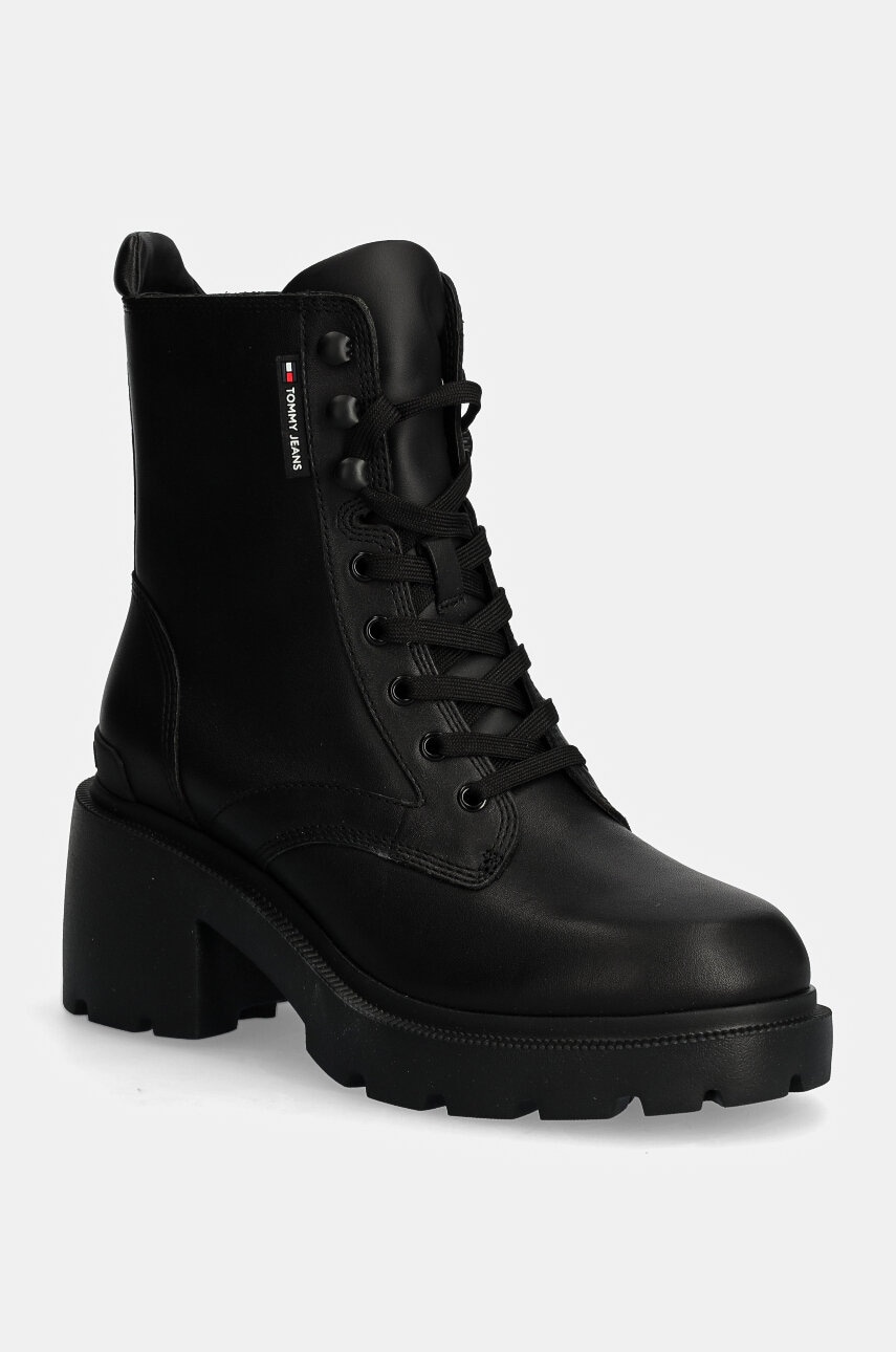 Tommy Jeans botine TJW MID HEEL BOOT LEATHER femei, culoarea negru, cu toc drept, EN0EN02640
