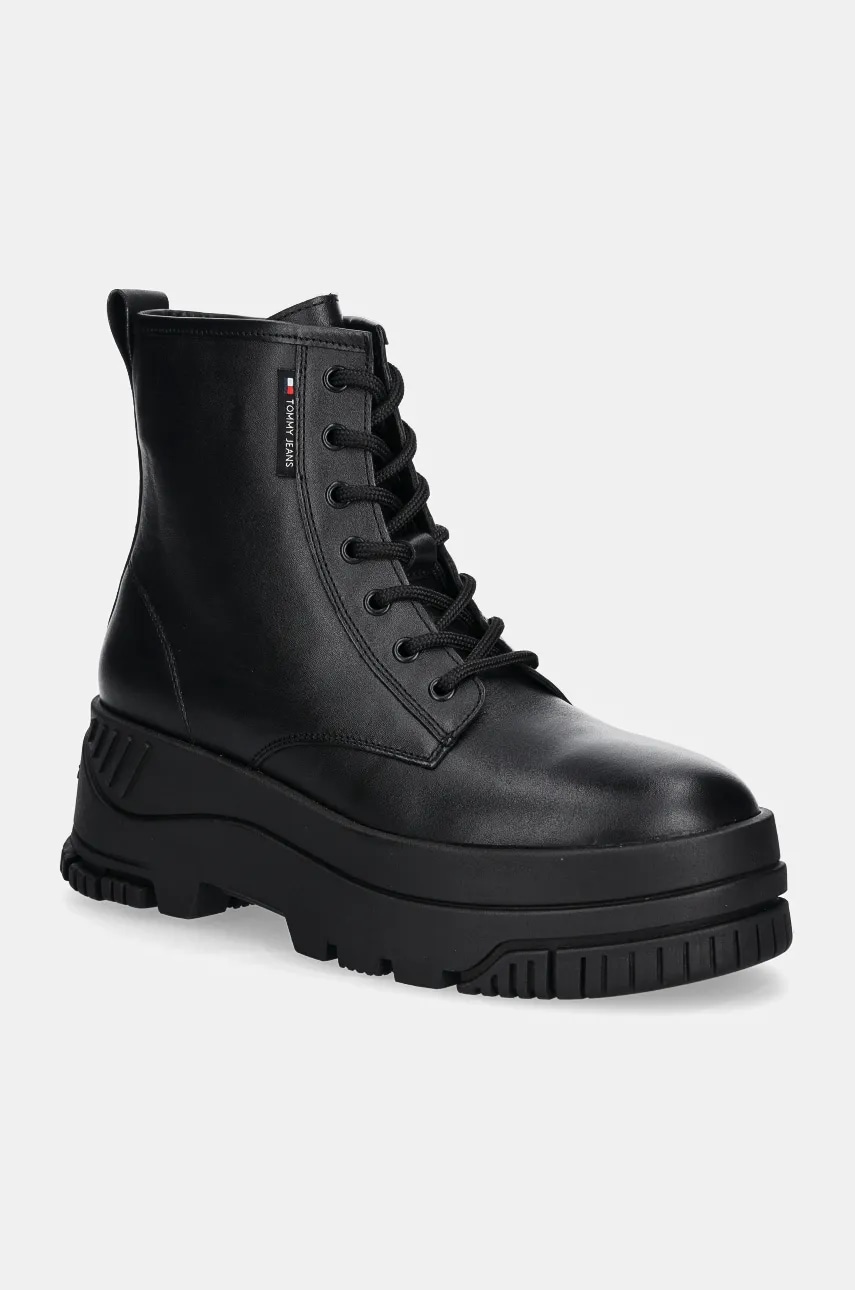 Tommy Jeans cizme de piele TJW LACE UP FLATFORM BOOT femei, culoarea negru, cu platforma, EN0EN02665 Tommy Jeans cizme de piele TJW LACE UP FLATFORM BOOT femei, culoarea negru, cu platforma, EN0EN02665
