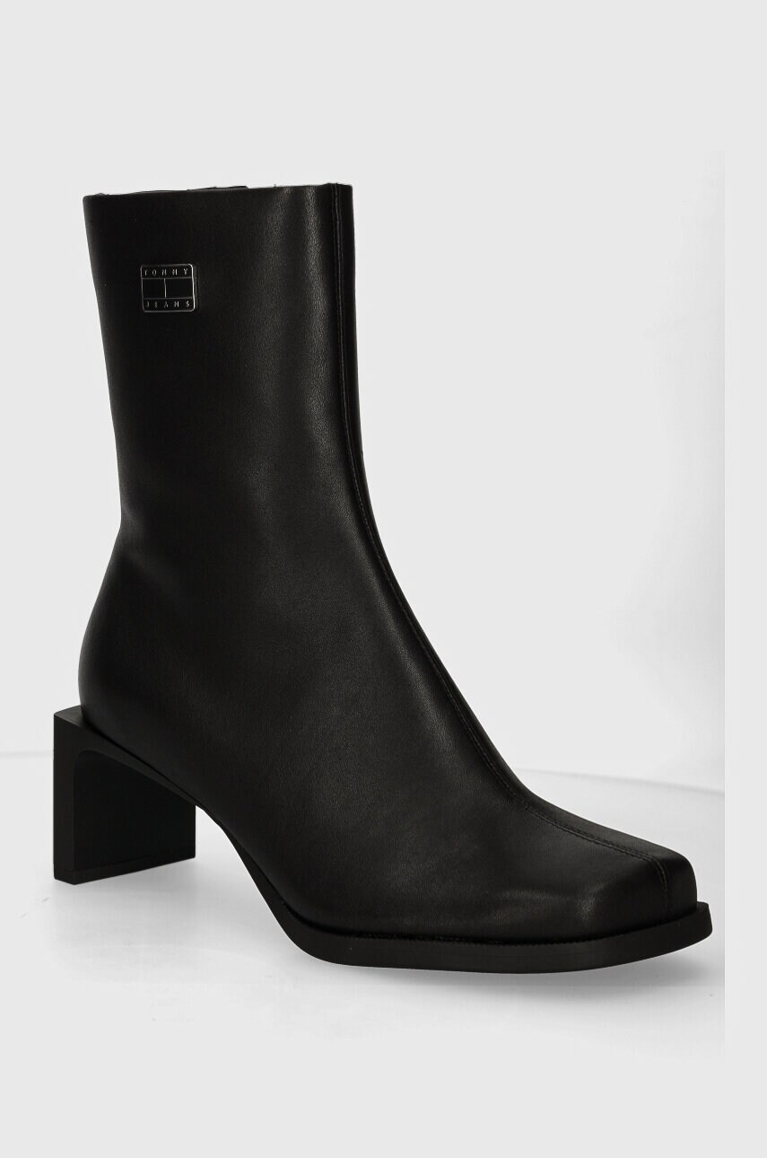 Tommy Jeans cizme de piele THE SOHO BOOT femei, culoarea negru, cu toc drept, EN0EN02682
