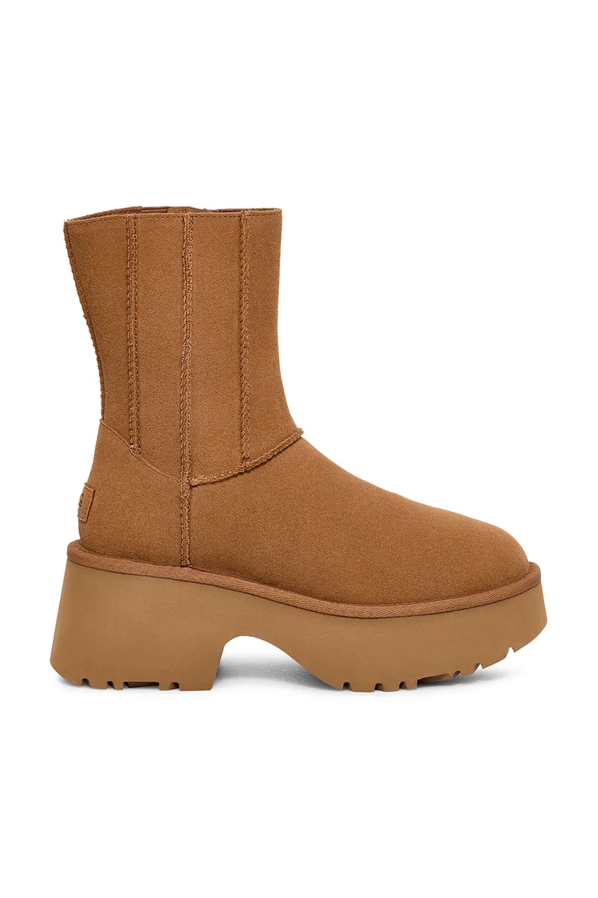 UGG pantofi de piele intoarsa Classic Twin Seam New Heights femei, culoarea maro, cu platforma, izolare usoara, 1158313-CHE