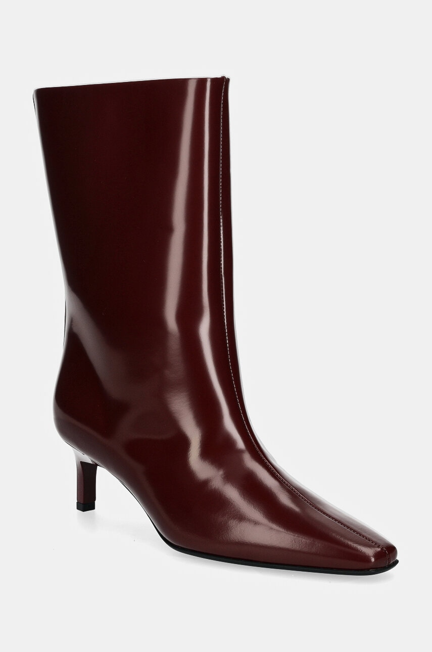Levně Kožené kotníkové boty Calvin Klein HEEL MID BOOT 50 LTH dámské, vínová barva, na podpatku, HW0HW02151