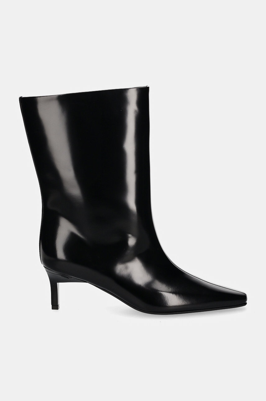Δερμάτινες μπότες Calvin Klein HEEL MID BOOT 50 LTH γυναικείες, χρώμα: μαύρο, HW0HW02151 φωτογραφία