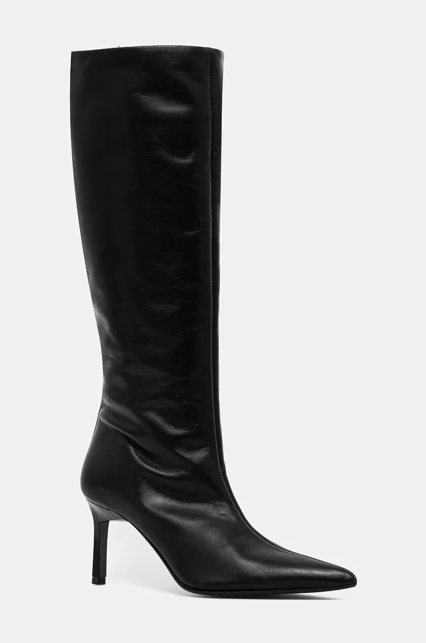 Levně Kožené kozačky Calvin Klein HEEL KNEE BOOT 70 LTH dámské, černá barva, na podpatku, HW0HW02162