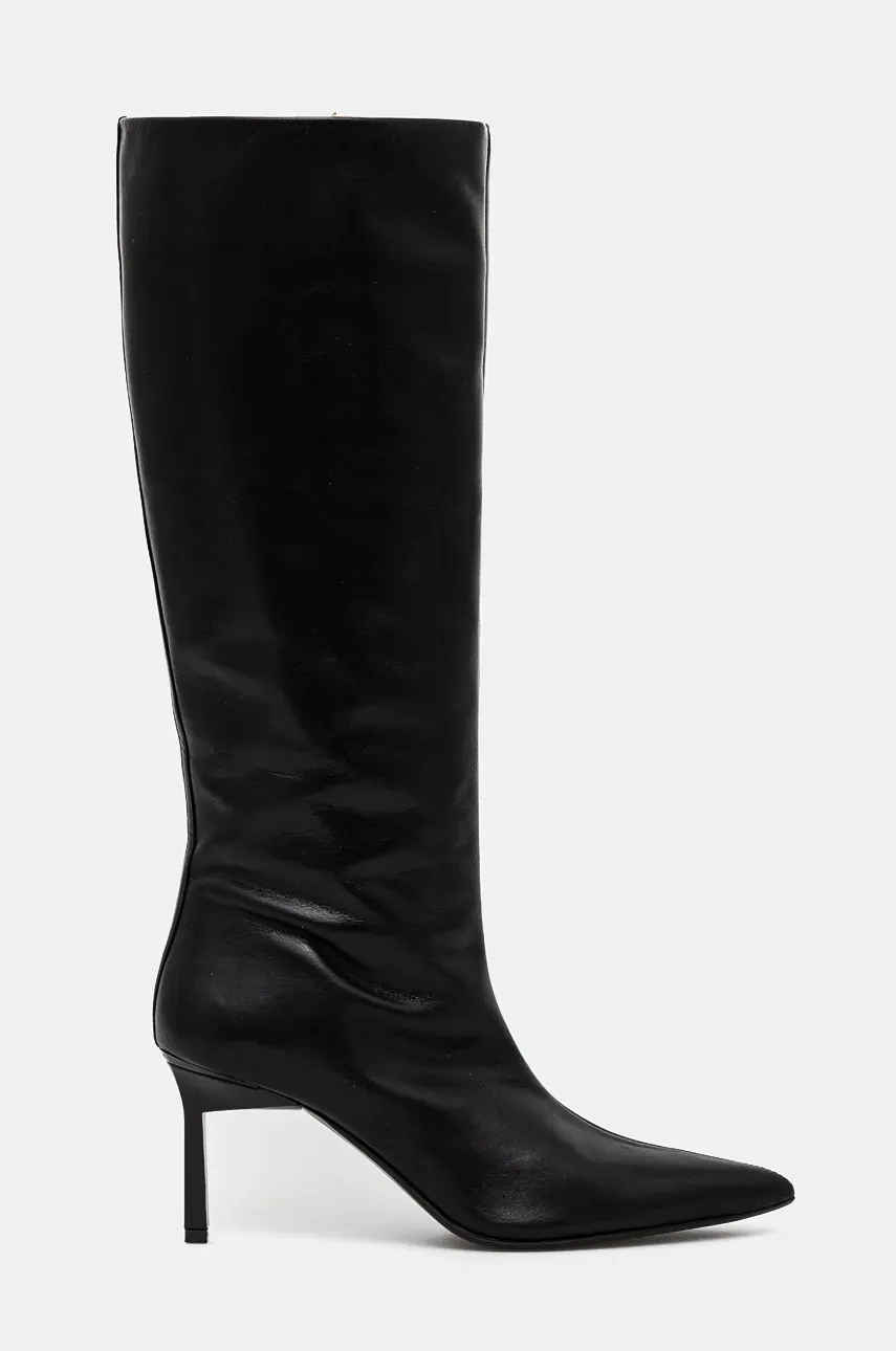 Кожаные сапоги Calvin Klein HEEL KNEE BOOT 70 LTH женские цвет чёрный на шпильке HW0HW02162 Кожаные сапоги Calvin Klein HEEL KNEE BOOT 70 LTH женские цвет чёрный на шпильке HW0HW02162