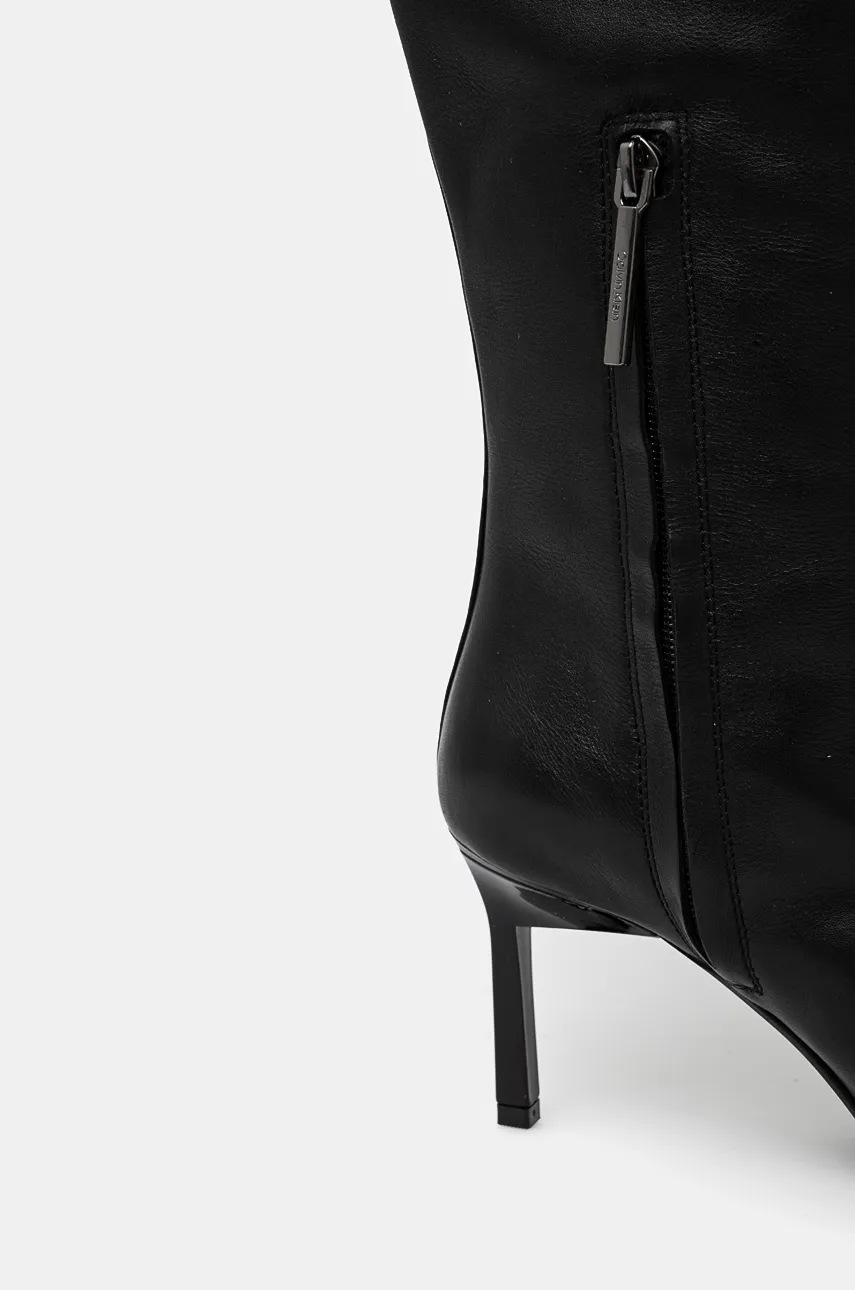 Шкіряні чоботи Calvin Klein HEEL KNEE BOOT 70 LTH жіночі колір чорний на шпильці HW0HW02162 