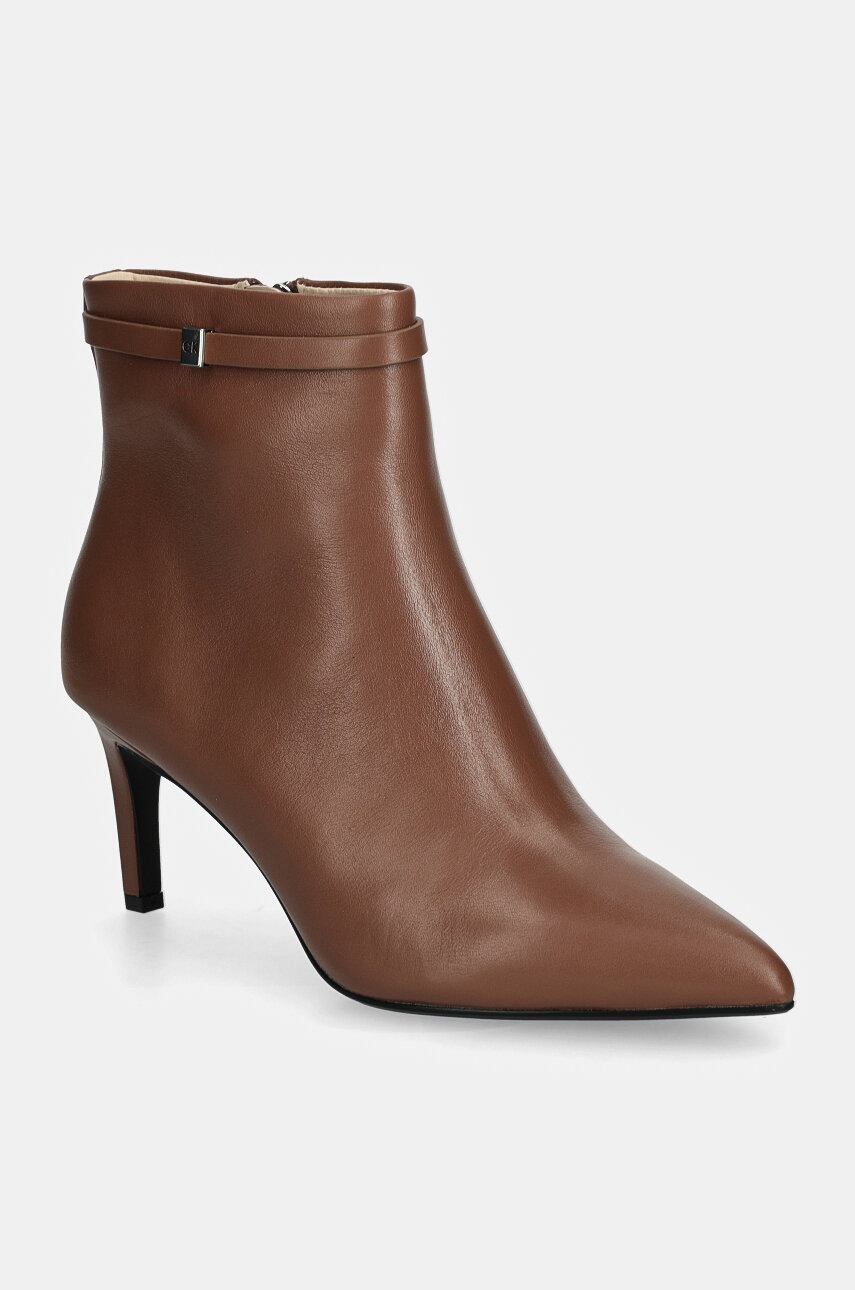 

Кожени боти Calvin Klein HEEL ANKLE BOOT 70 W/HW LTH в кафяво с тънък ток HW0HW02172, Кафяв