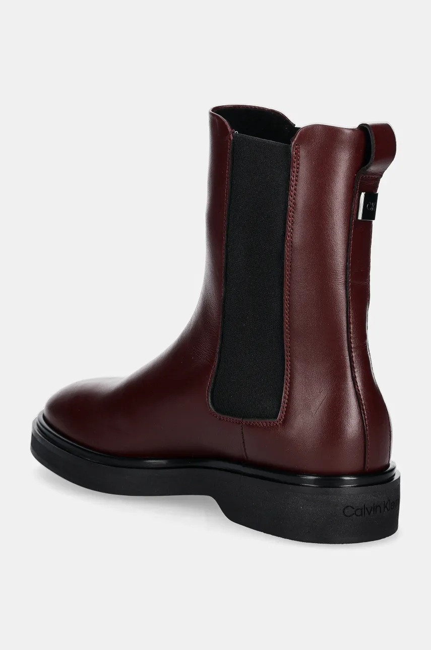 Шкіряні черевики Calvin Klein FLAT CHELSEA BOOT LTH жіночі колір бордовий на плоскому ходу HW0HW02180 