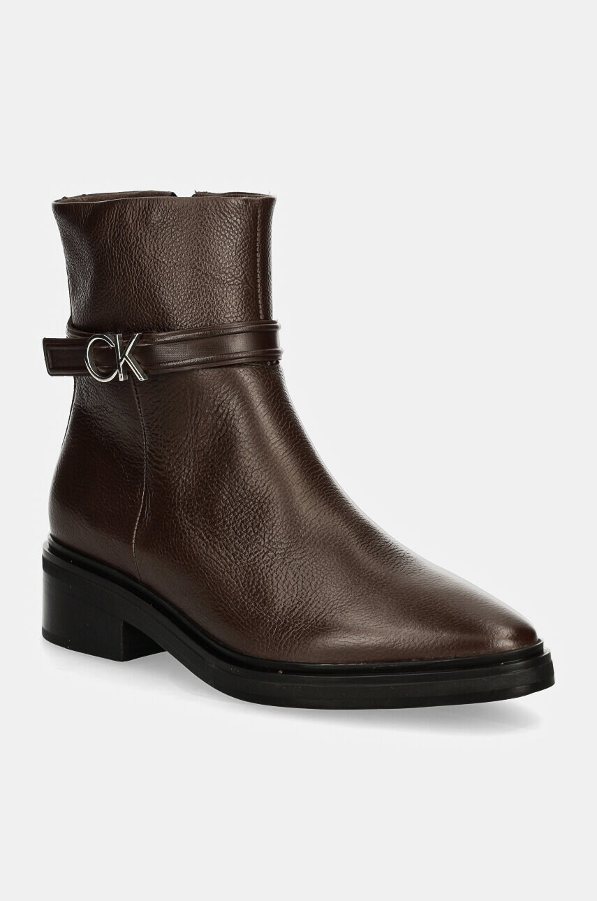Levně Kožené kotníkové boty Calvin Klein HEEL ANKLE BOOT 30 W/HW LTH dámské, hnědá barva, na plochém podpatku, HW0HW02183