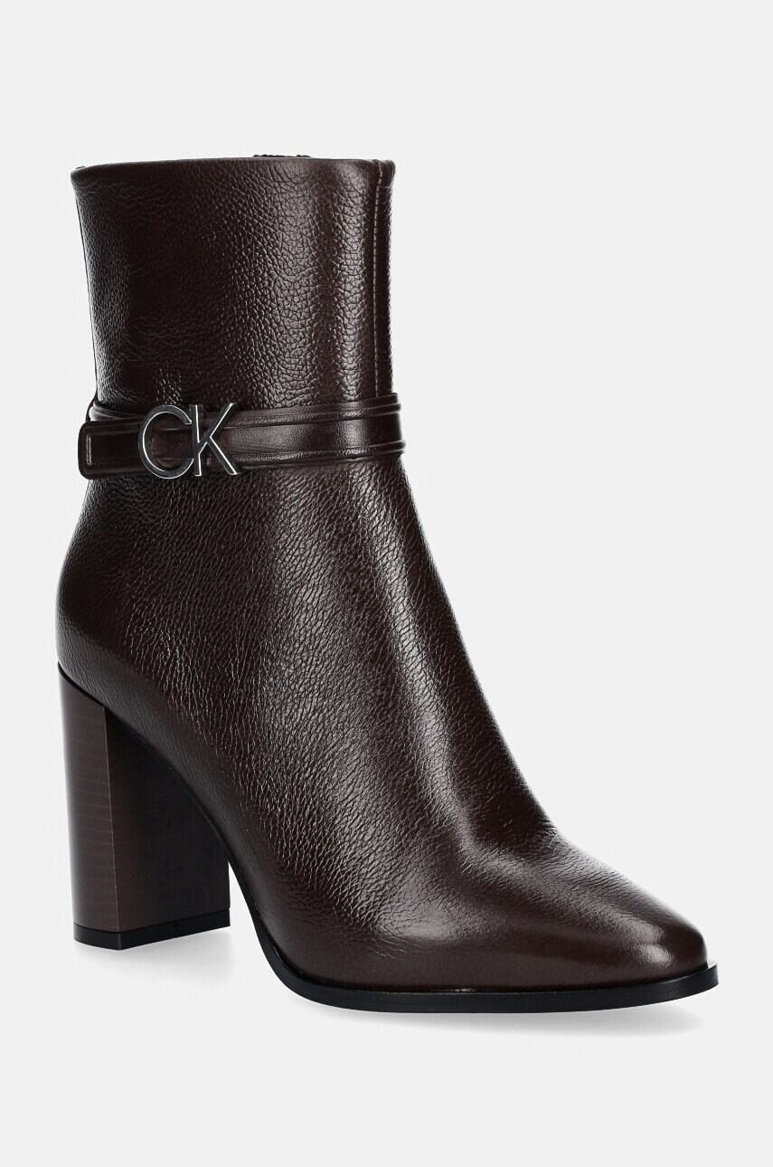Levně Nízké kozačky Calvin Klein HEEL ANKLE BOOT 85 W/HW LTH dámské, hnědá barva, na podpatku, HW0HW02185