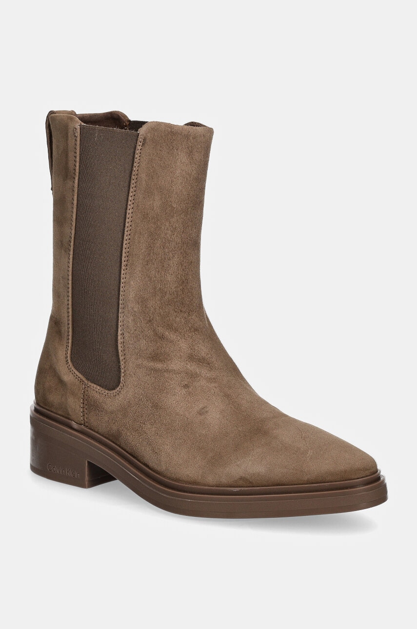 Levně Semišové kotníkové boty Calvin Klein HEEL CHELSEA BOOT 30 SUE dámské, hnědá barva, na plochém podpatku, HW0HW02191