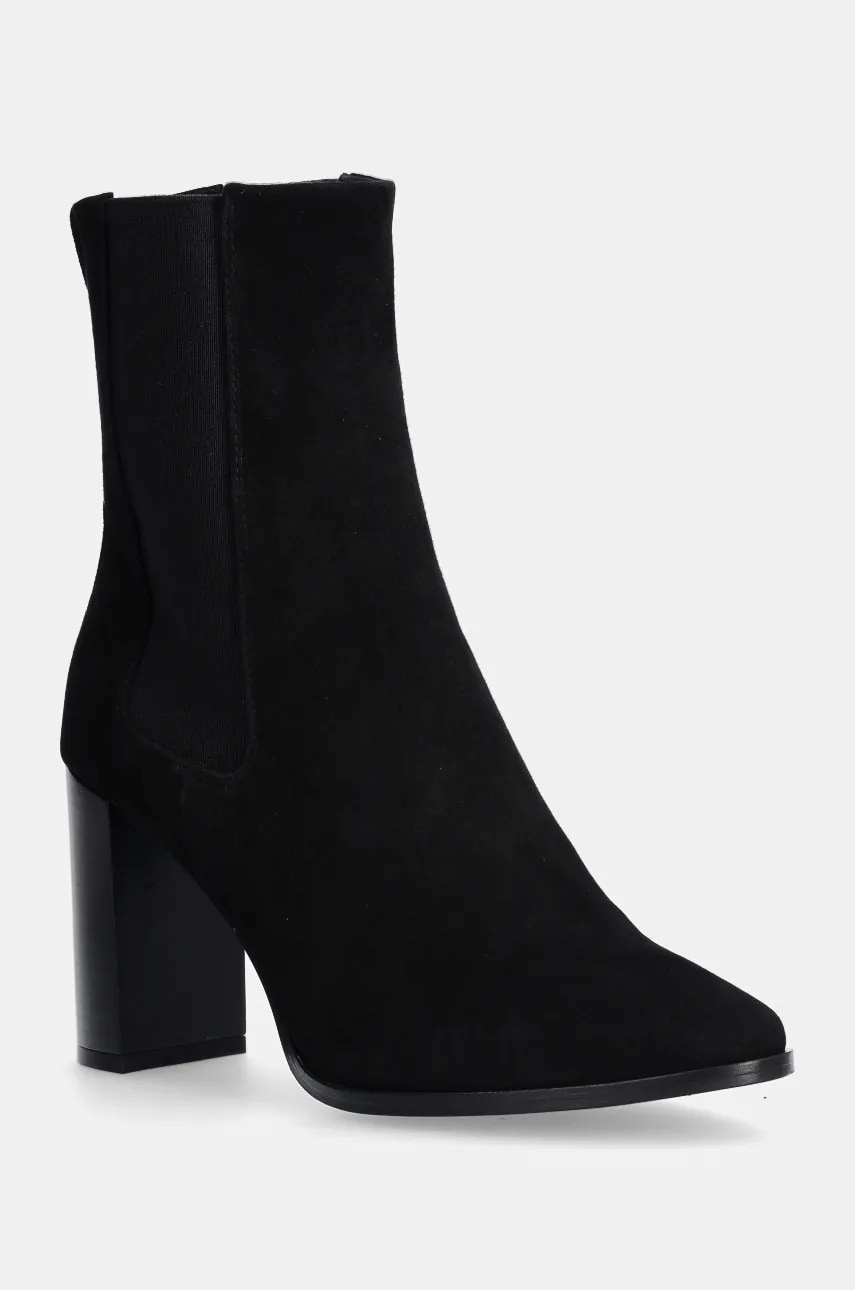 Levně Nubukové kotníkové boty Calvin Klein HEEL CHELSEA BOOT 85 SUE černá barva, na podpatku, HW0HW02192