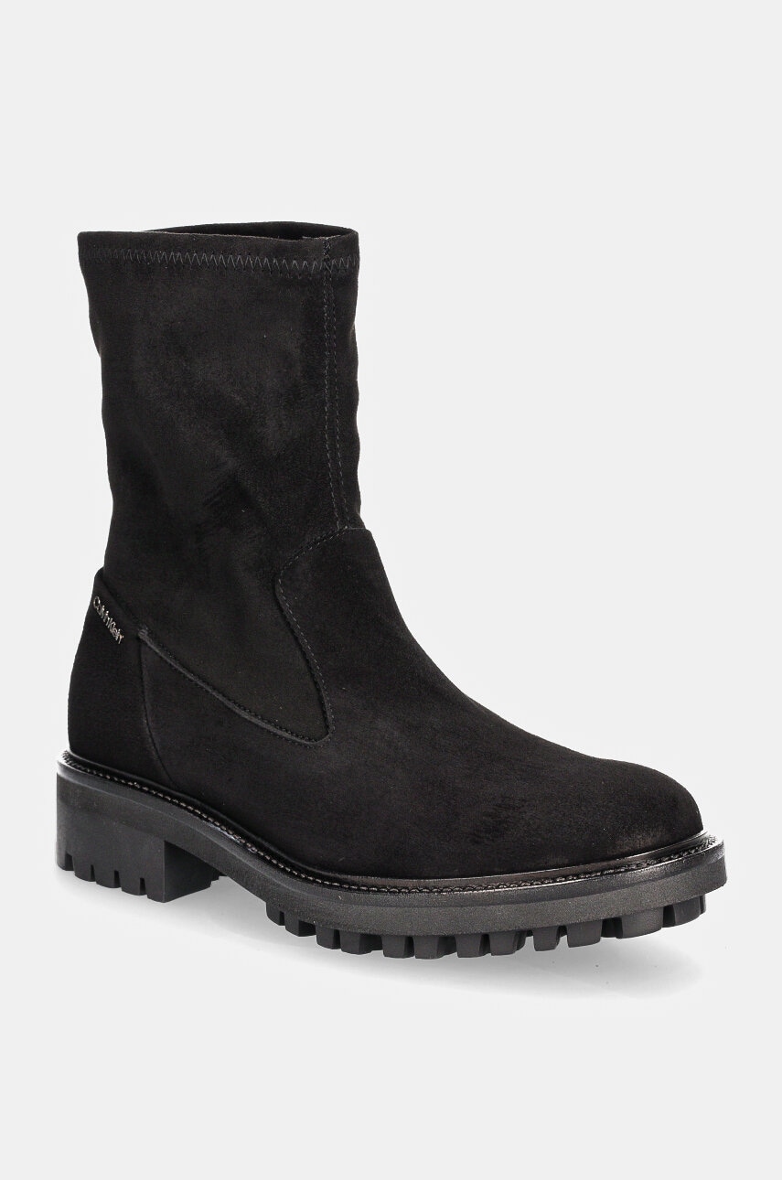 Levně Semišové boty Calvin Klein FLAT SOCK BOOT SUE MIX dámské, černá barva, na plochém podpatku, HW0HW02199