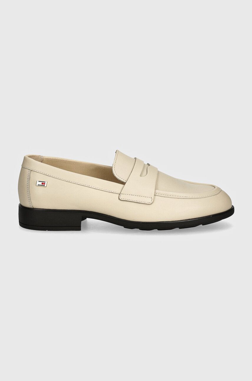 Kožne Mokasinke Tommy Hilfiger FLAG LEATHER CLASSIC LOAFER Za žene, Boja: Bež, Ravni Potplat, FW0FW08030