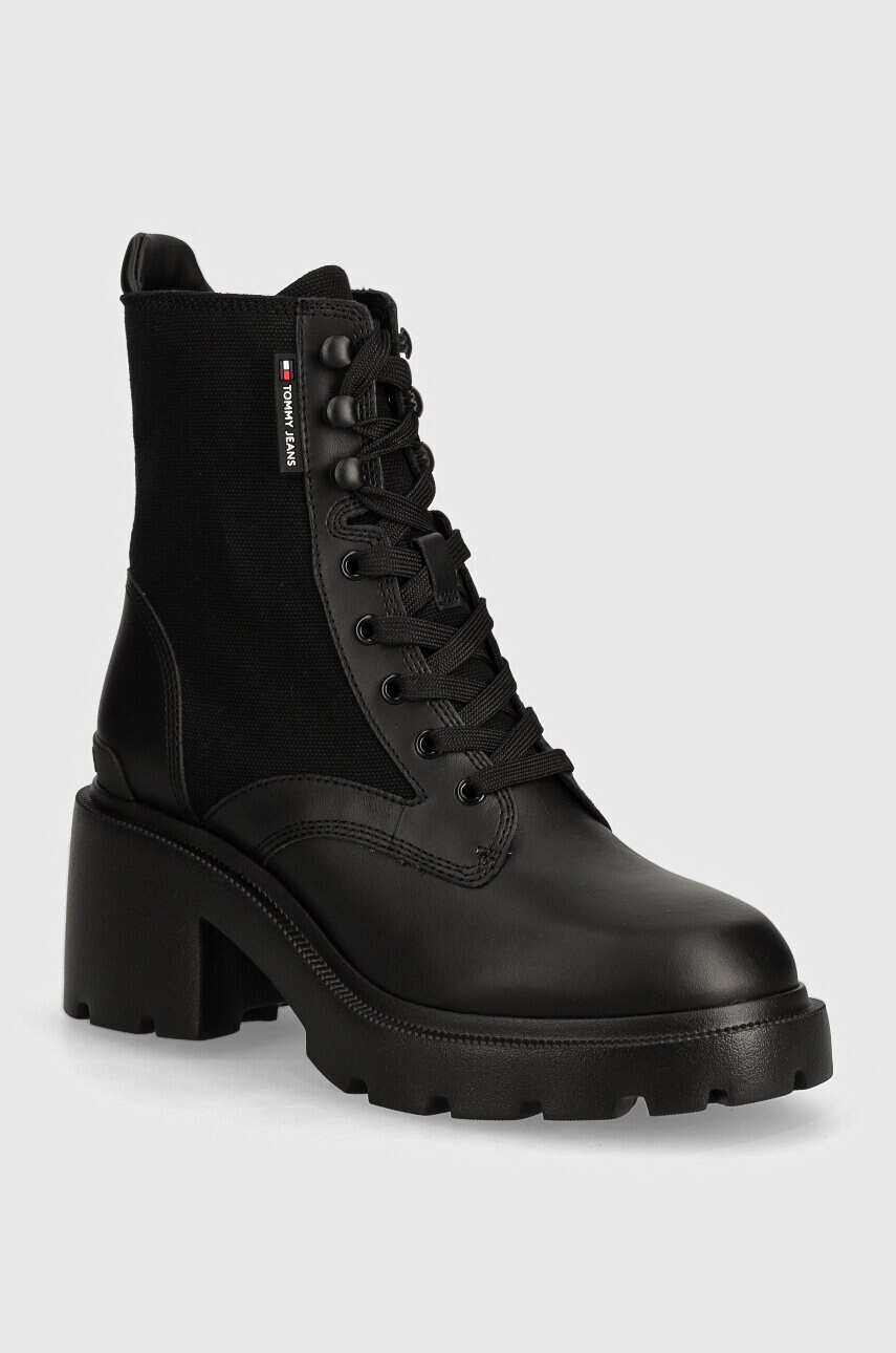 Tommy Jeans botine TJW MID HEEL BOOT MIX MEDIA femei, culoarea negru, cu toc plat, EN0EN02556