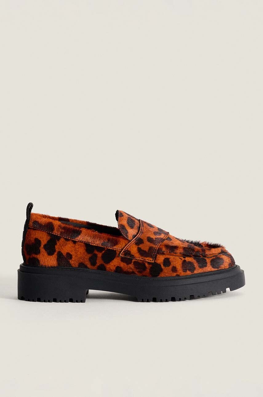 Hoff mocasini de piele LEOPARD NARANJA femei, culoarea portocaliu, cu toc plat, 22428001 SCHOOL