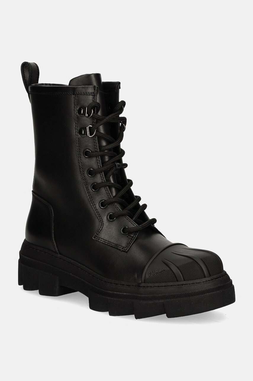 Furla bocanci de piele Gum Army Boot femei, culoarea negru, cu toc plat, YI60FGU BX3508 O6000