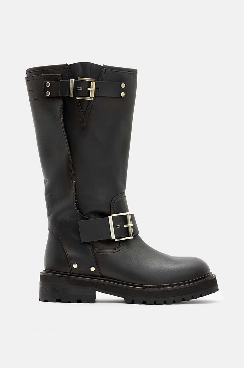 AllSaints ghete de piele Tay Biker Boot femei, culoarea negru, cu toc plat, W026FA AllSaints ghete de piele Tay Biker Boot femei, culoarea negru, cu toc plat, W026FA