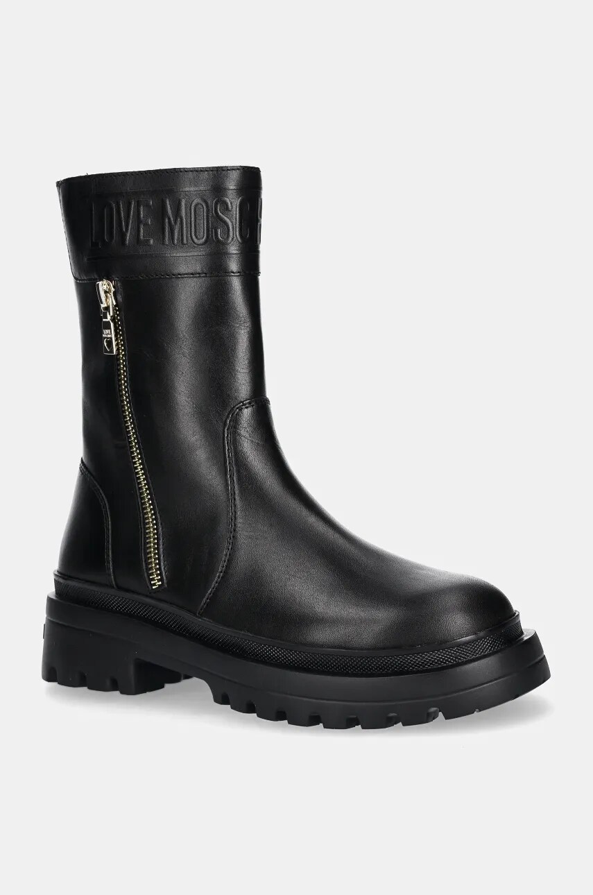 Love Moschino cizme de piele femei, culoarea negru, cu toc plat, JA24245G0LIA0000