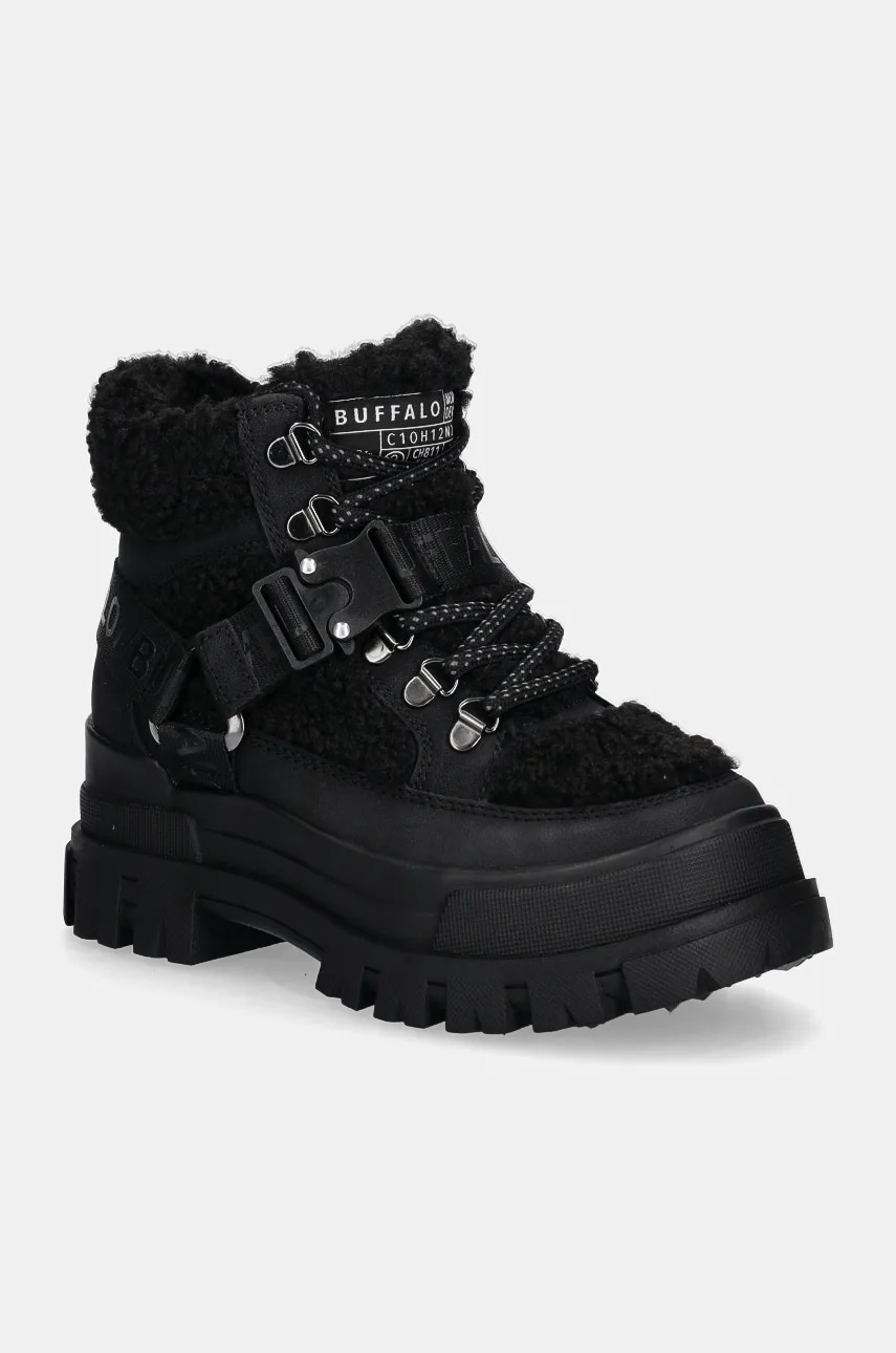 Buffalo botine Aspha Com Mid Warm femei, culoarea negru, cu toc plat, izolat, 1622328-BLK Buffalo botine Aspha Com Mid Warm femei, culoarea negru, cu toc plat, izolat, 1622328-BLK