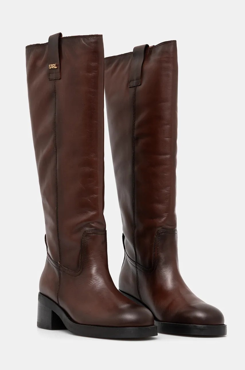 Шкіряні чоботи Karl Lagerfeld BROOKLYN жіночі колір коричневий каблук блок KL41790 