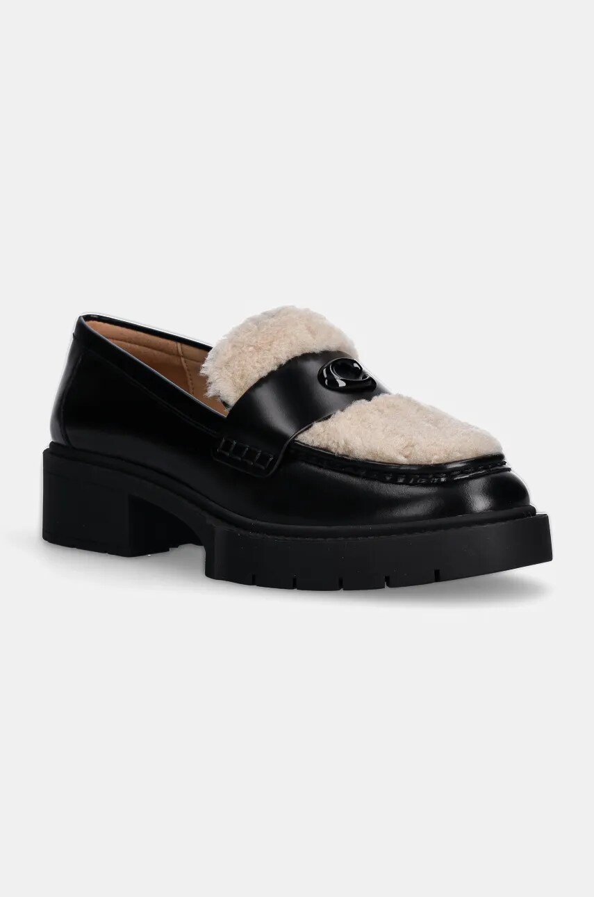 Coach mocasini de piele Leah Shearling femei, culoarea negru, cu toc plat, CX033
