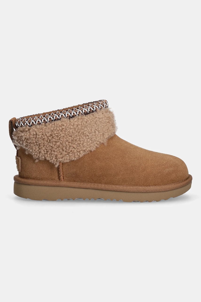 Детские замшевые зимние ботинки UGG KIDS CLASSIC ULTRA MINI MAXI CURLY цвет коричневый 1157730K Детские замшевые зимние ботинки UGG KIDS CLASSIC ULTRA MINI MAXI CURLY цвет коричневый 1157730K