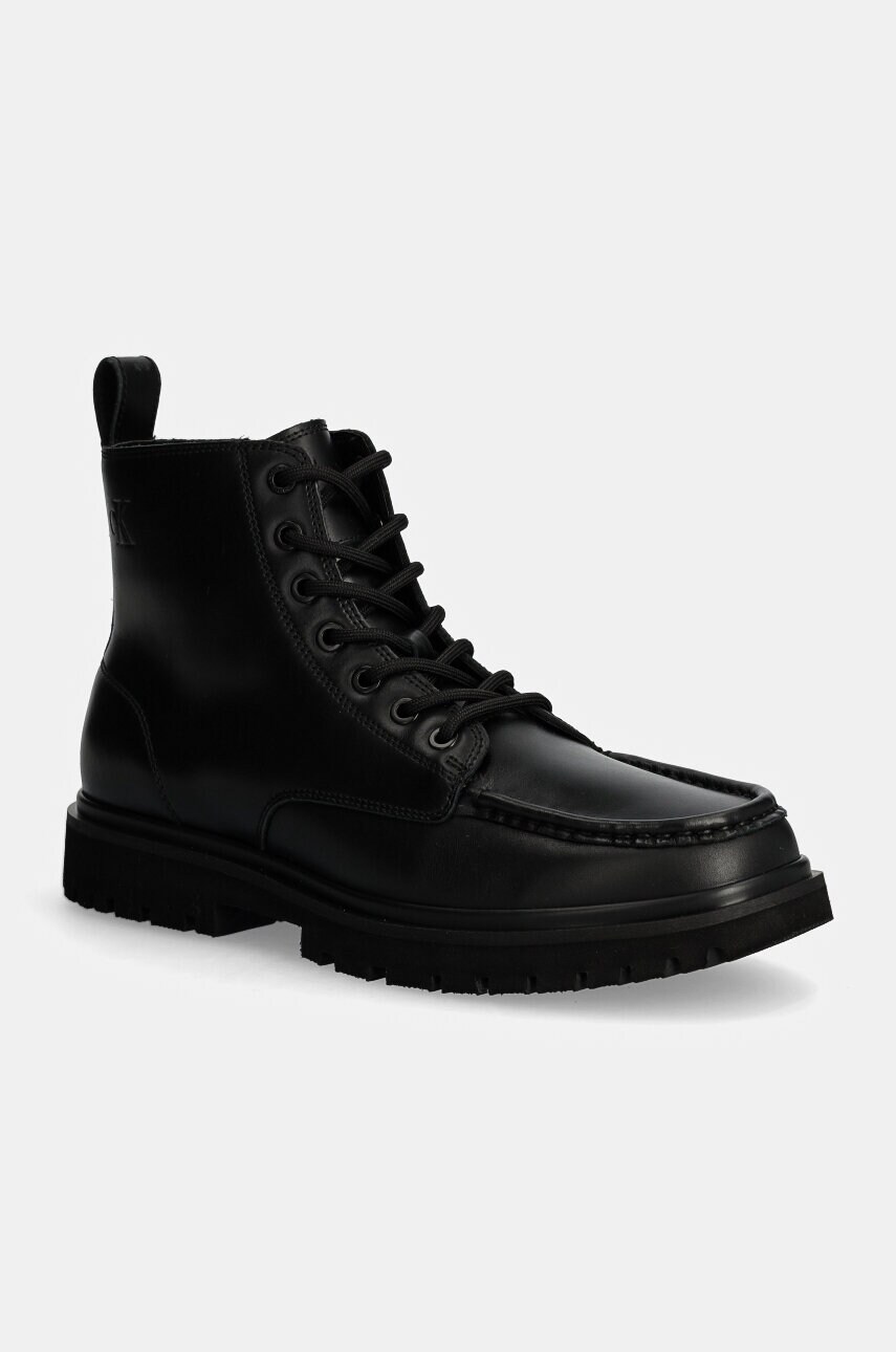 Levně Kožené boty Calvin Klein Jeans EVA BOOT MID LACEUP UNFORM DRESS pánské, černá barva, YM0YM01073