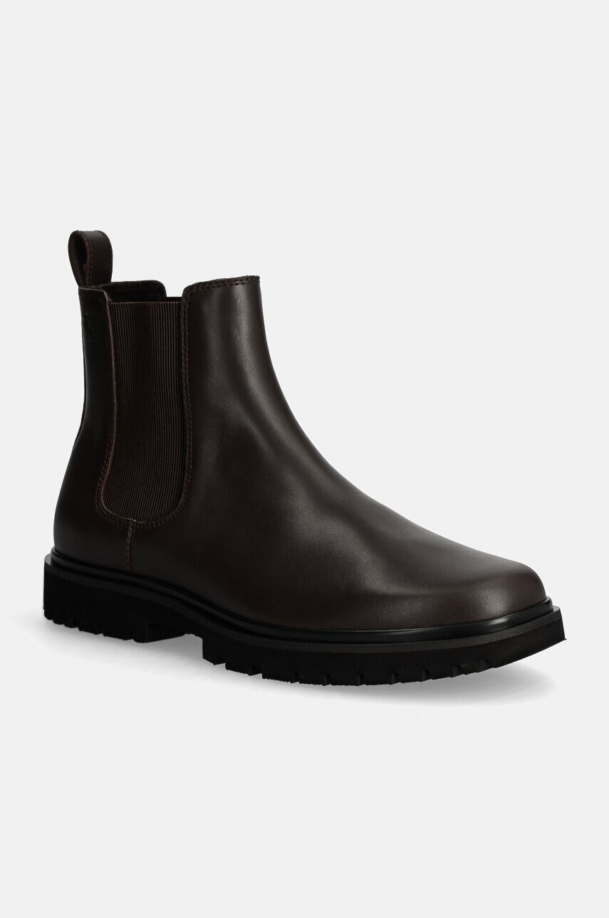 Levně Kožené boty Calvin Klein Jeans EVA BOOT MID CHELSEA UNIFORM DR pánské, hnědá barva, YM0YM01072