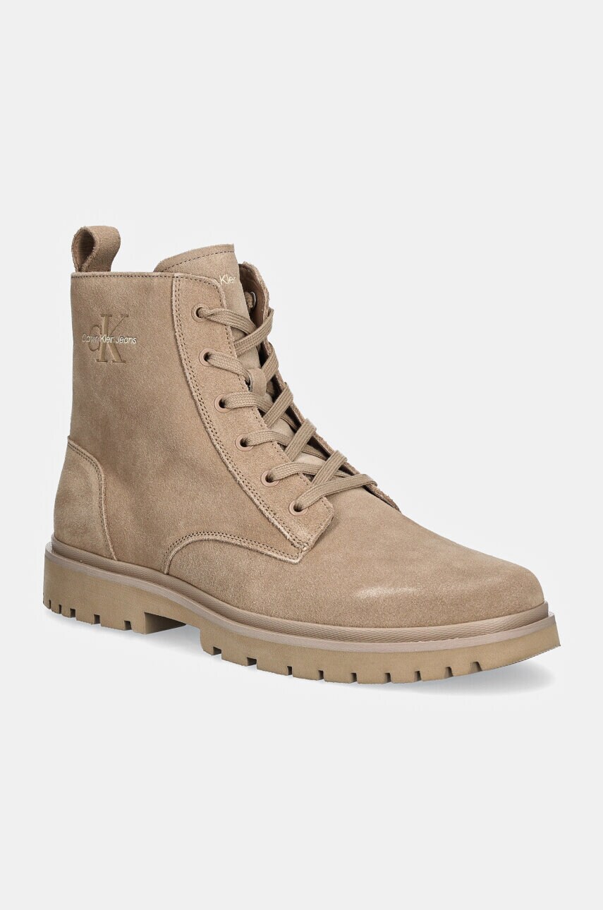 Levně Kožené boty Calvin Klein Jeans EVA BOOT MID LACEUP ICONIC DRESS pánské, béžová barva, YM0YM01070