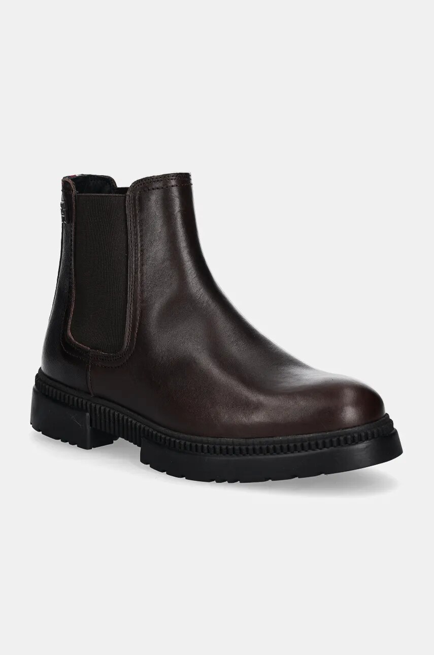 Levně Kožené kotníkové boty Tommy Hilfiger COMFORT TL TEXTURE LTH CHELSEA pánské, hnědá barva, FM0FM05181