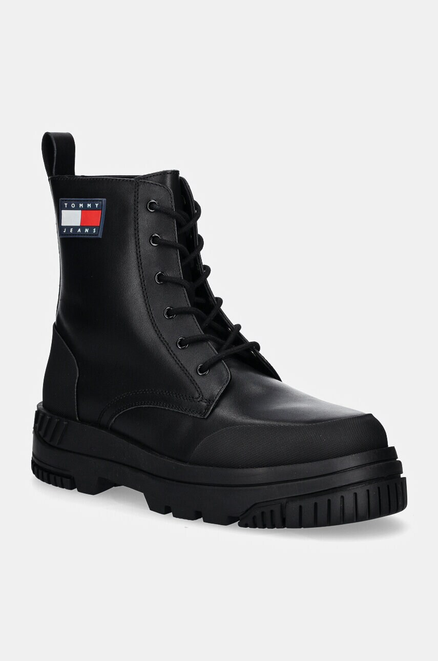 Tommy Jeans bocanci de piele TJM LACE UP LEATHER BOOT barbati, culoarea negru, EM0EM01511