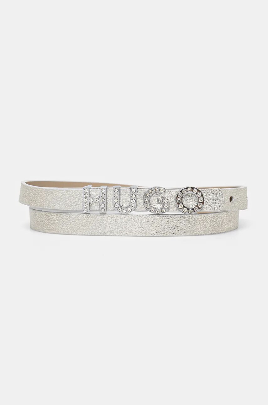 HUGO curea de piele femei, culoarea argintiu, 50529601