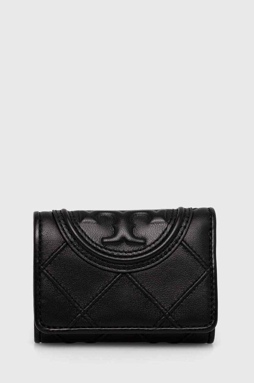 Tory Burch portofel de piele Fleming Soft Small femei, culoarea negru, 156558.001 Tory Burch portofel de piele Fleming Soft Small femei, culoarea negru, 156558.001