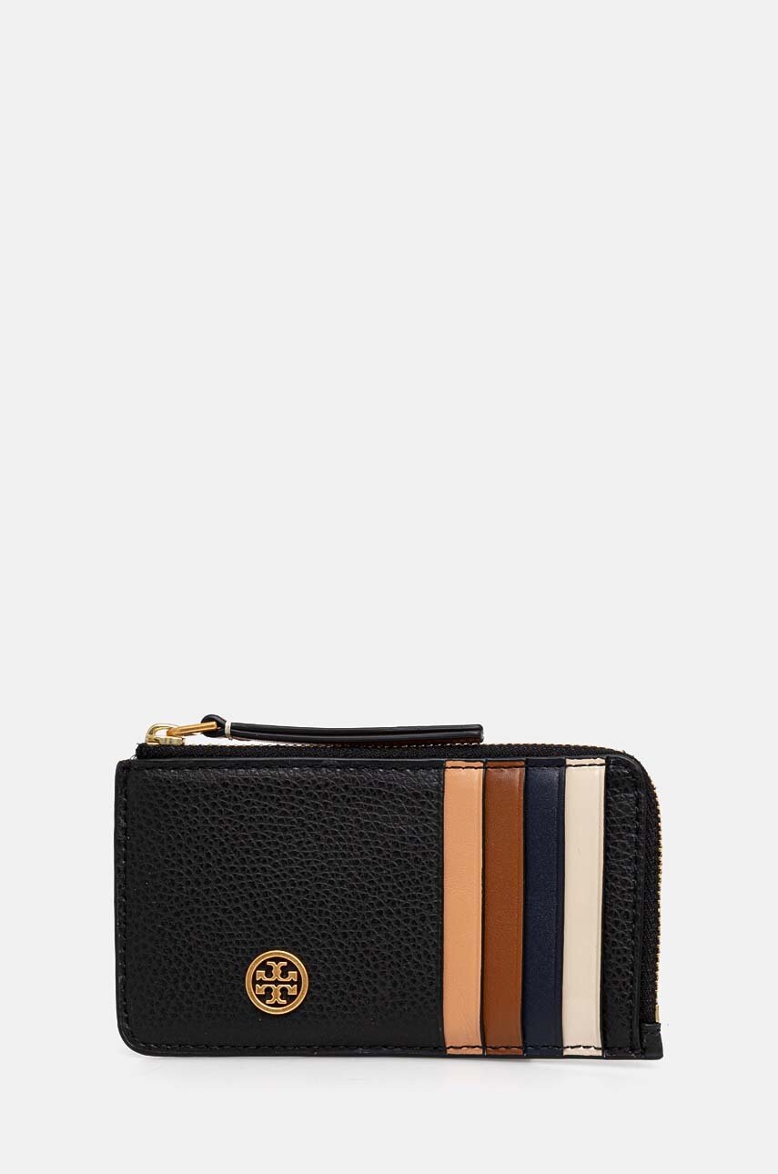 

Кожен калъф за карти Tory Burch Robinson Pebbled в черно 146012, Черен