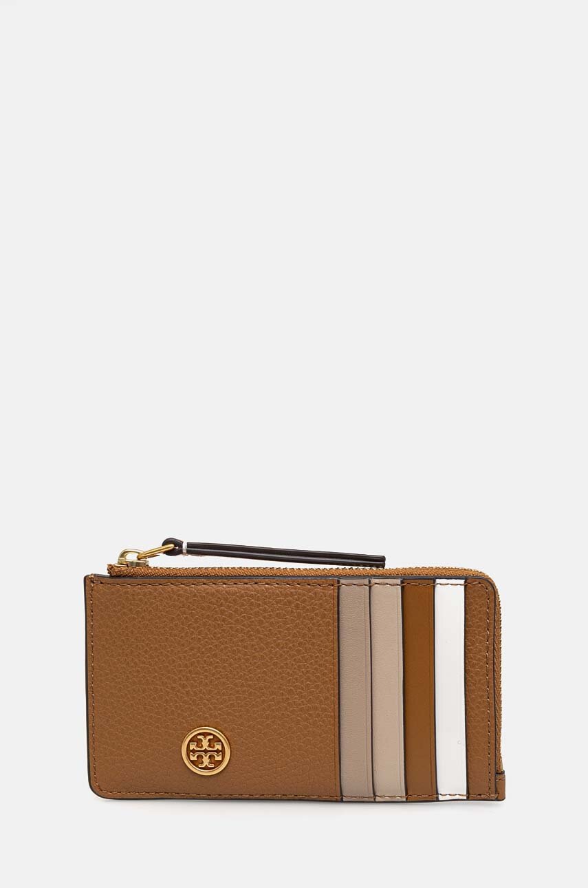 

Кожен калъф за карти Tory Burch Robinson Pebbled в кафяво 146012, Кафяв