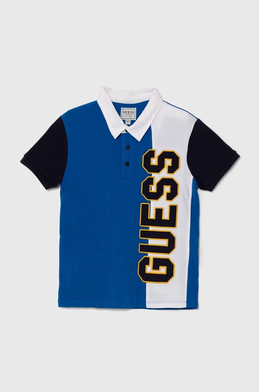 

Памучна тениска с яка Guess в синьо с десен L4YP00 K9WF4, Син