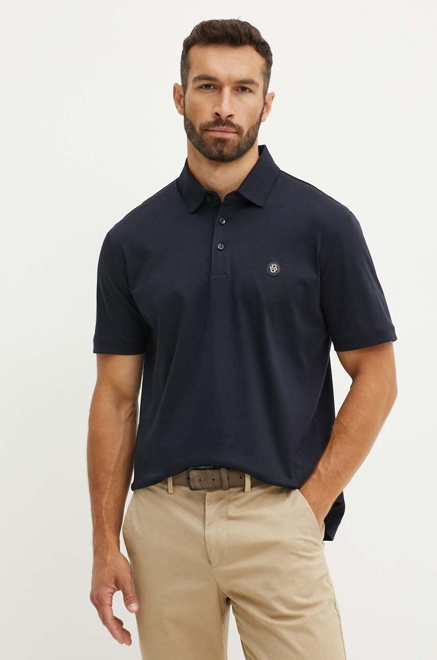 BOSS polo de bumbac culoarea albastru marin, neted, 50520297