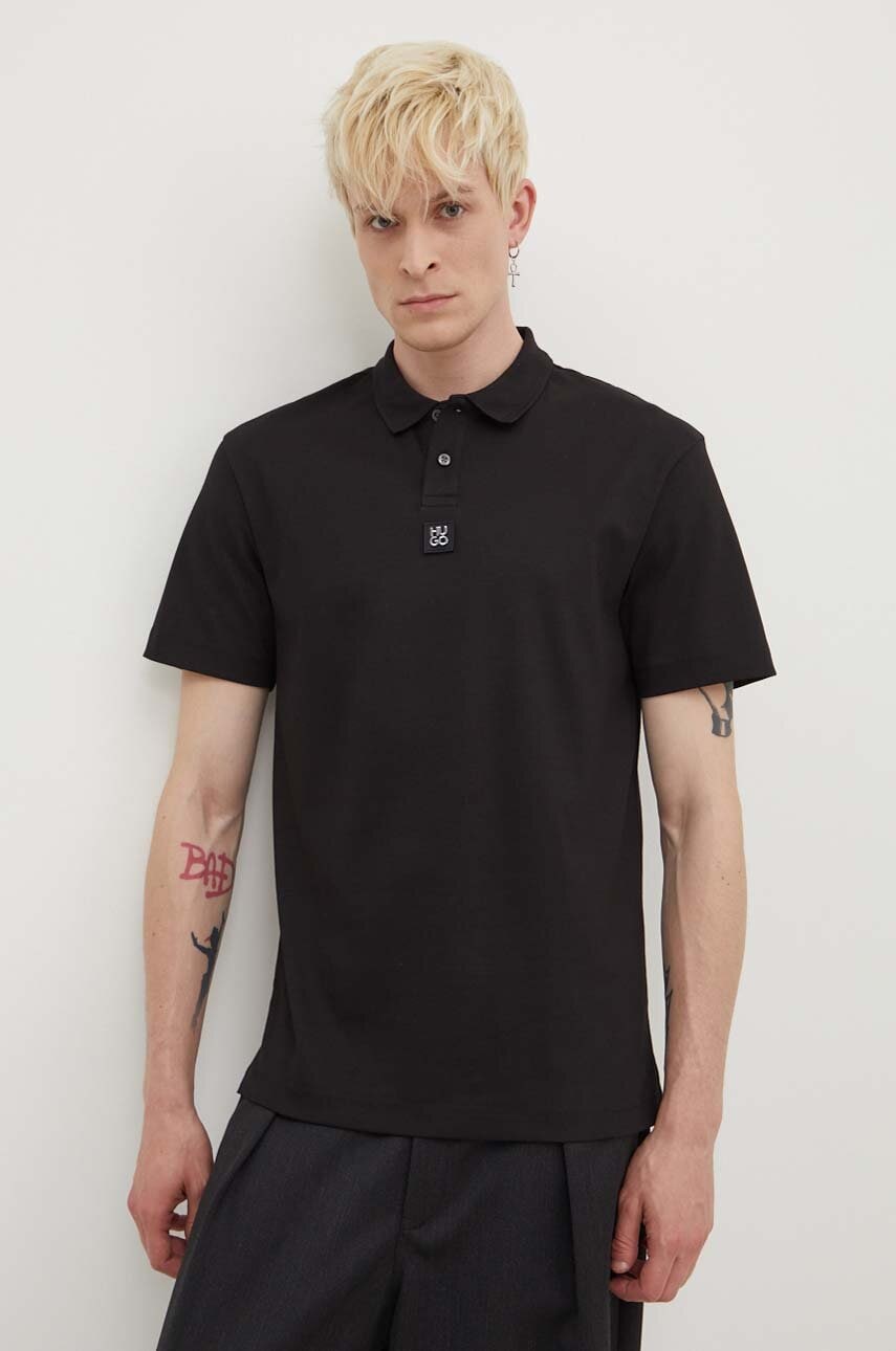 HUGO polo de bumbac culoarea negru, neted, 50517638